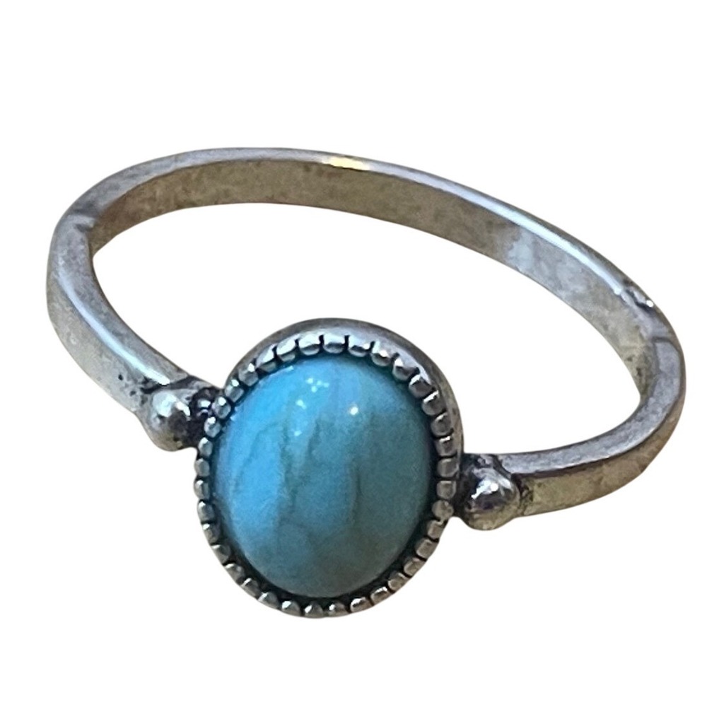 Silver Tone Faux Turquoise Oval Cabochon Ring Beaded Bezel Size 7.5 Boho